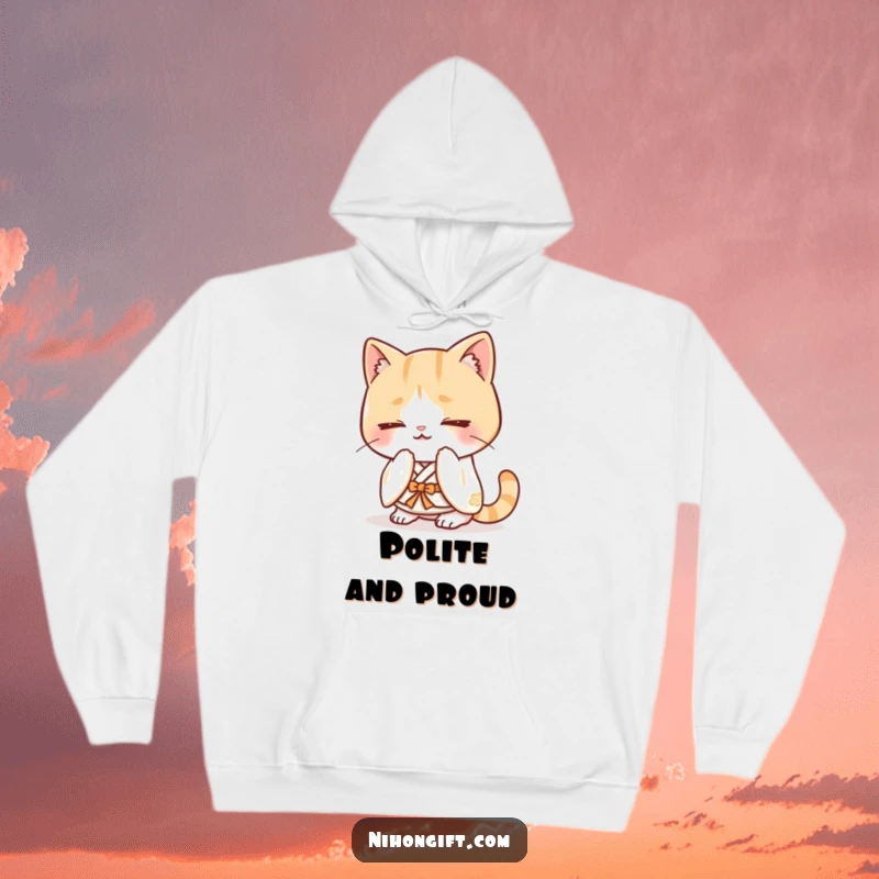 Funny kawaii cat wearing a kimono, bowing happily, featured on a cozy hoodie.