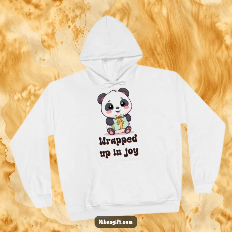 Funny Panda Hoodie: A cuddly kawaii panda happily offers a beautifully tied gift box.