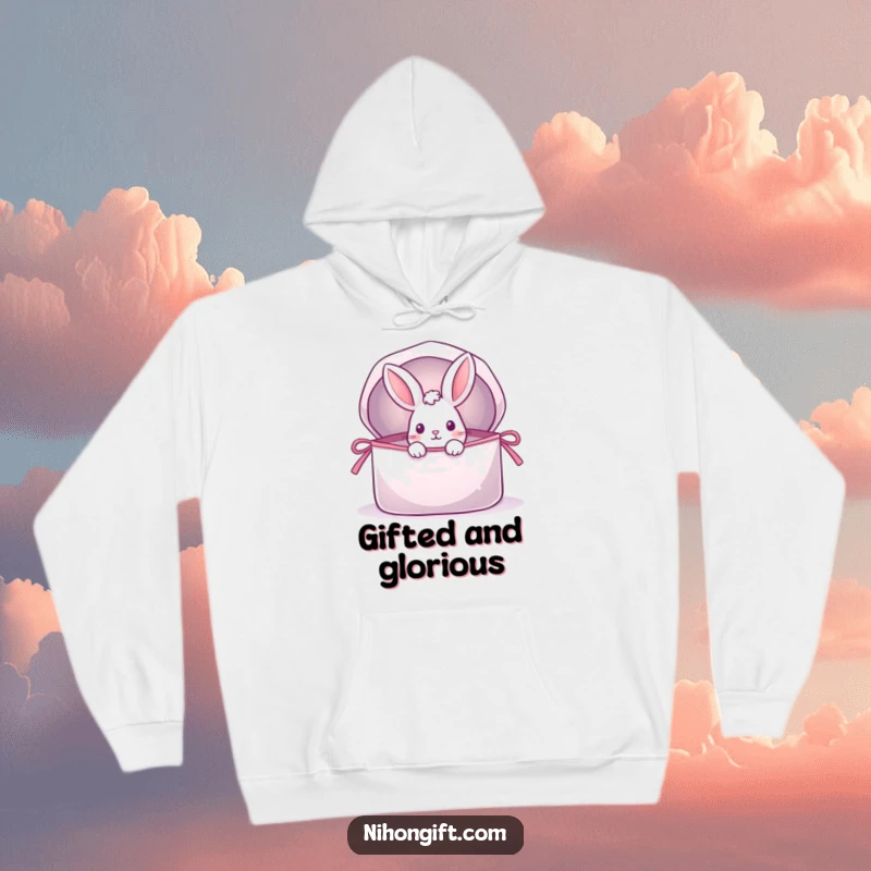 Funny hoodie with a playful rabbit peeking from a shimmering, open gift bag, offering warmth and a sense of wonder.