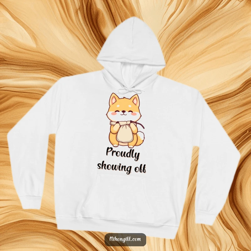 Funny cheerful Shiba Inu in a hoodie, proudly presenting a delicate silk pouch, embodying warmth and joy.