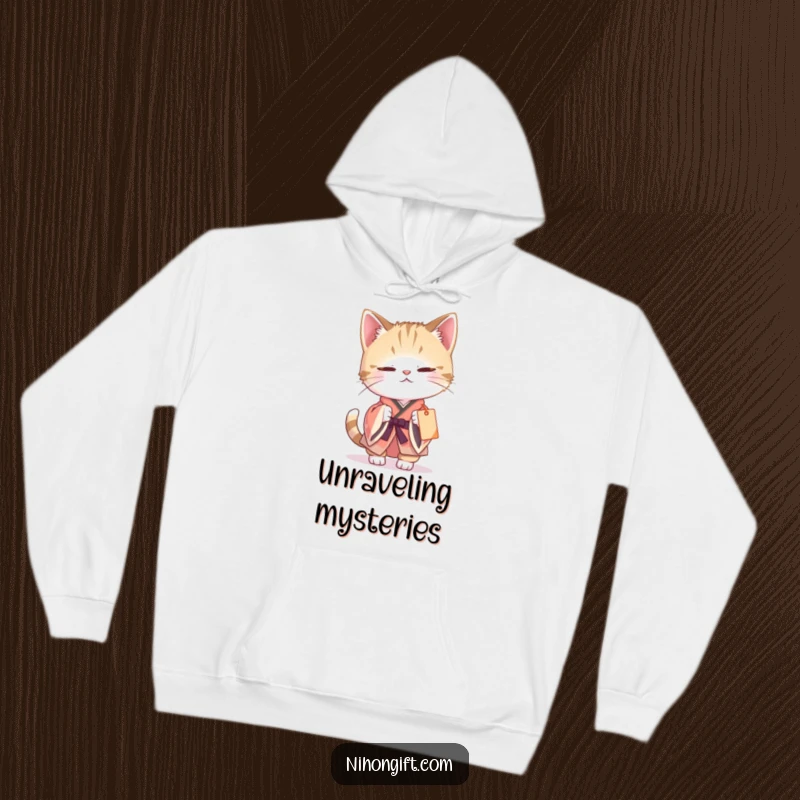 Funny cat kimono hoodie showcasing a curious cat in a tiny kimono batting at a dangling gift tag, offering cozy and humorous charm.