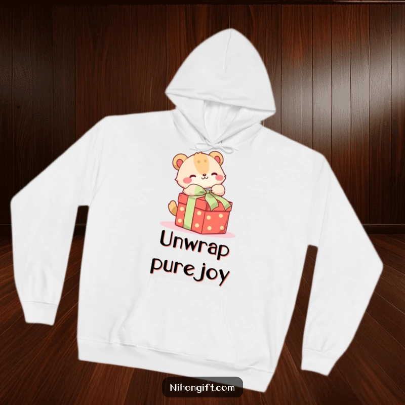 Funny hoodie showing a cute animal joyfully unwrapping a beautifully tied gift box, great for holiday cheer.