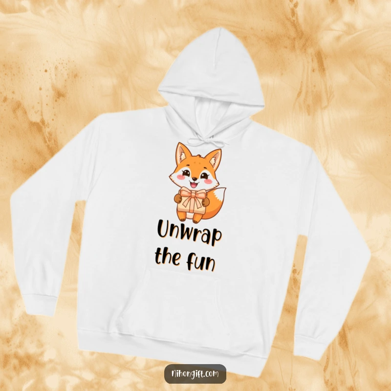 Funny fox hoodie showcasing a grinning fox happily presenting a beautifully wrapped gift, offering warmth and humorous festive cheer.