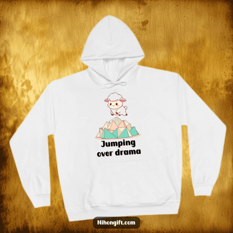 Funny Kawaii Sheep Hoodie depicting a sheep bounding over a pile of folded origami.
