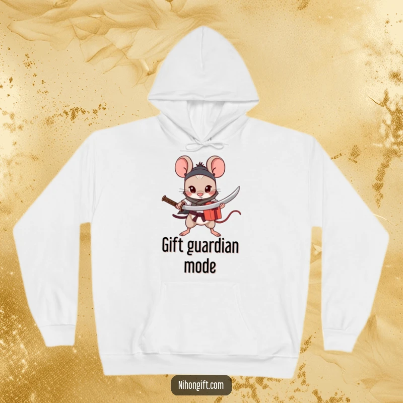 Funny Mouse Katana Hoodie: A determined little mouse stands ready with a small katana, guarding a precious gift.