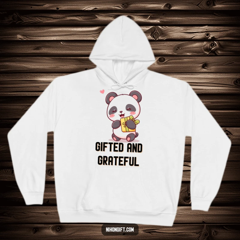 Funny kawaii panda holding a gift with a ribbon, featured on a cozy hoodie for maximum cuteness and warmth.