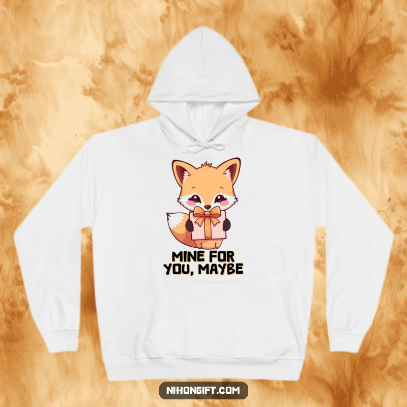 Funny hoodie with a cute fox carrying a nicely wrapped gift box, perfect for cold days and gifting whimsy.