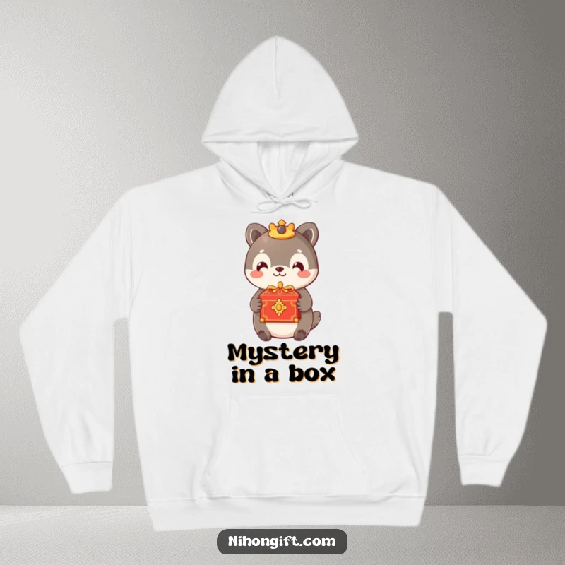 Funny hoodie with an animal offering a small, ornate box with a gentle smile, perfect for thoughtful individuals.