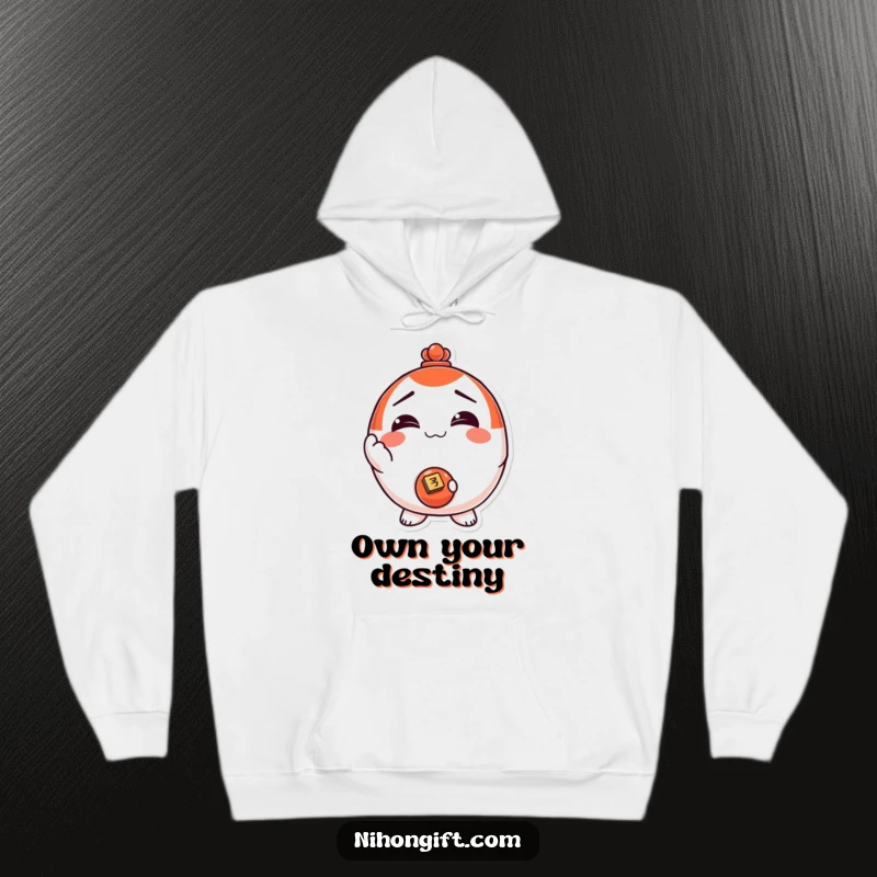 Funny! Hoodie design of a happy Daruma doll character presenting a shiny coin, offering warmth, luck, and a humorous touch.