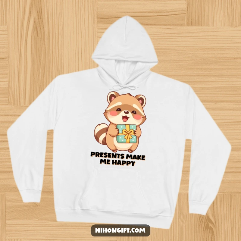 Funny tanuki in a hoodie, joyfully holding a beautifully wrapped present, embodying warmth and cheerful vibes.