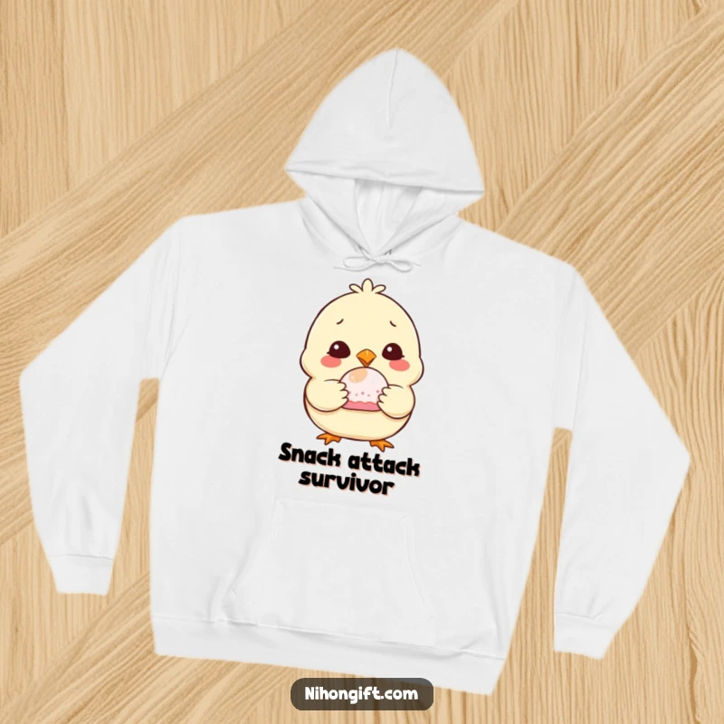 Funny Chubby Chick Hoodie depicting a smiling chick holding a mochi, offering cozy comfort and humorous charm.