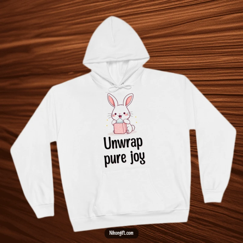 Funny kawaii bunny hoodie, showing intense excitement while opening a shiny, magical gift package. Perfect for cozy, happy moments.
