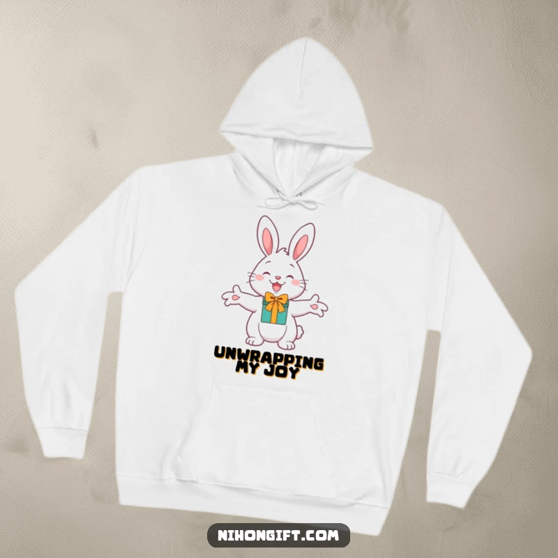 Funny Cheerful Bunny Hoodie with outstretched paws holding a gift, perfect for cozy days and humorous cheer.