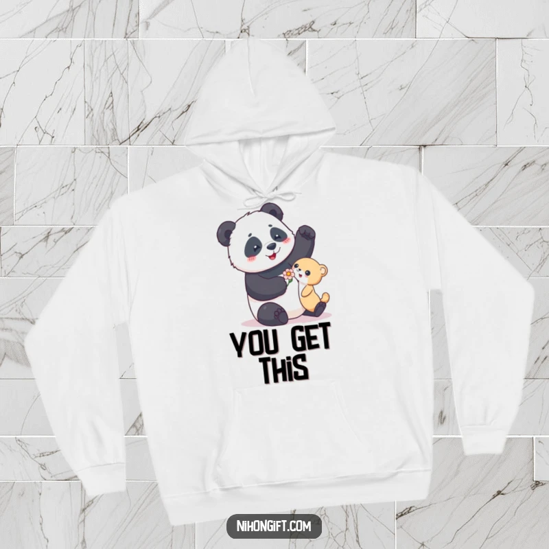 Funny hoodie showing a playful panda offering a delicate flower to another animal, radiating cuteness and humor.