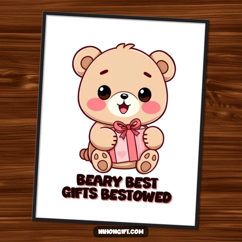 Funny free printable wall art: A smiling kawaii bear holding a wrapped present, bringing a cheerful and heartwarming vibe to your walls.