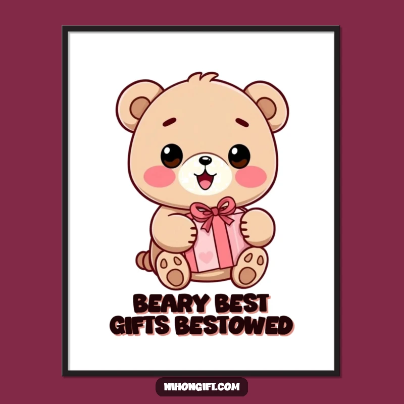 Free Printable Wall Art: Smiling Bear with Gift Whimsical Art