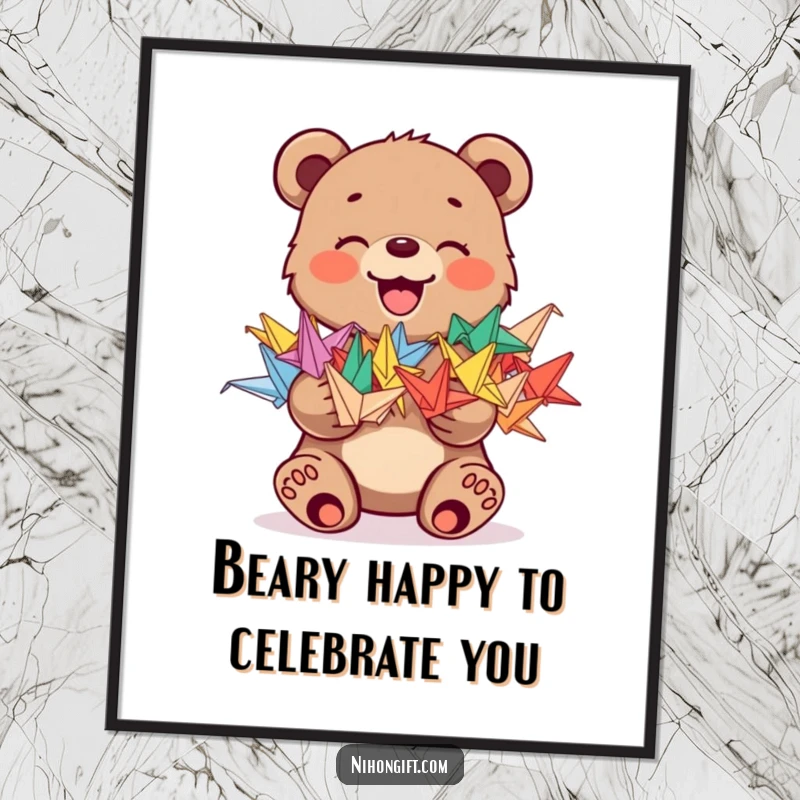 Funny Free Printable Bear Wall Art: Joyful bear cub holding a stack of colorful origami cranes, creating charming decor.