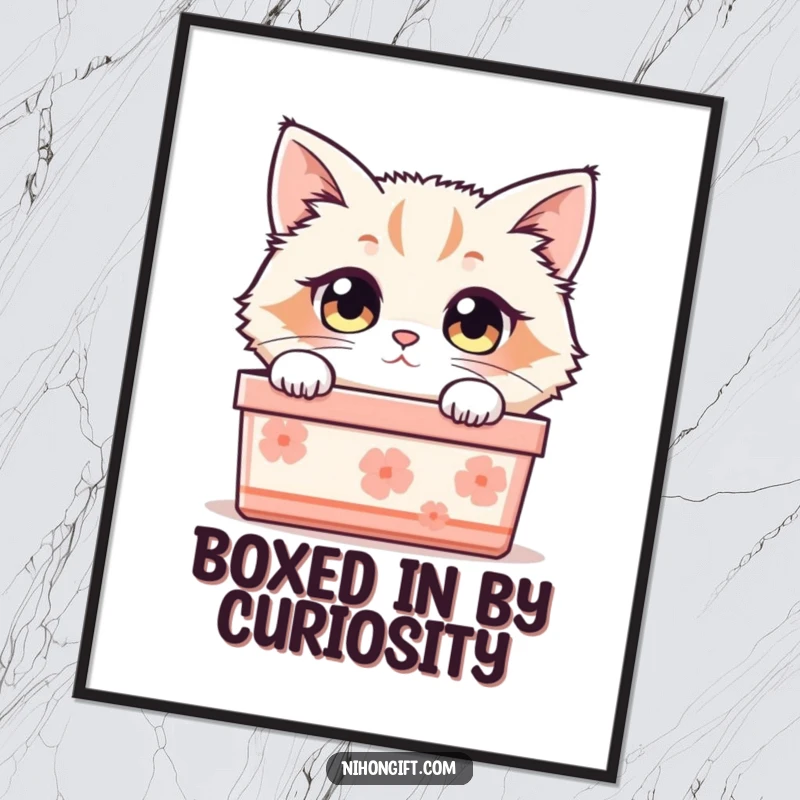 Funny Free Printable Cat Wall Art: A fluffy cat with curious eyes peeks out from a Japanese gift box, adding a charming touch.
