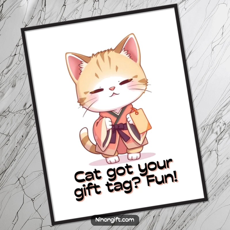 Funny Free Printable Wall Art: A curious cat wearing a tiny kimono gently batting at a gift tag.