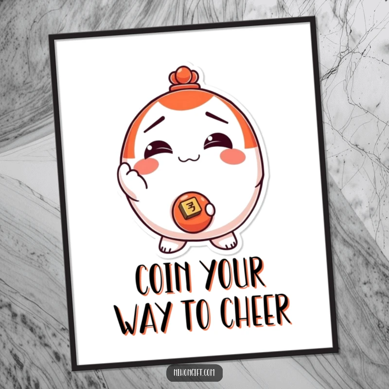 Funny Free Printable Wall Art: A smiling Daruma doll character presenting a shiny coin, adding quirky charm.