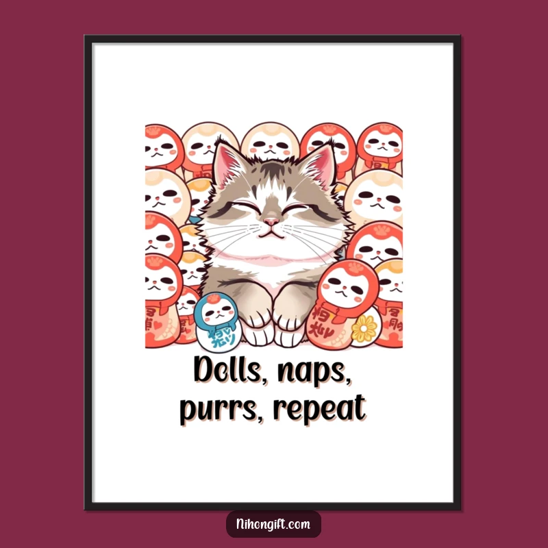 Funny Cat Printable Wall Art: Contented Purr, Daruma Dolls, Free Download