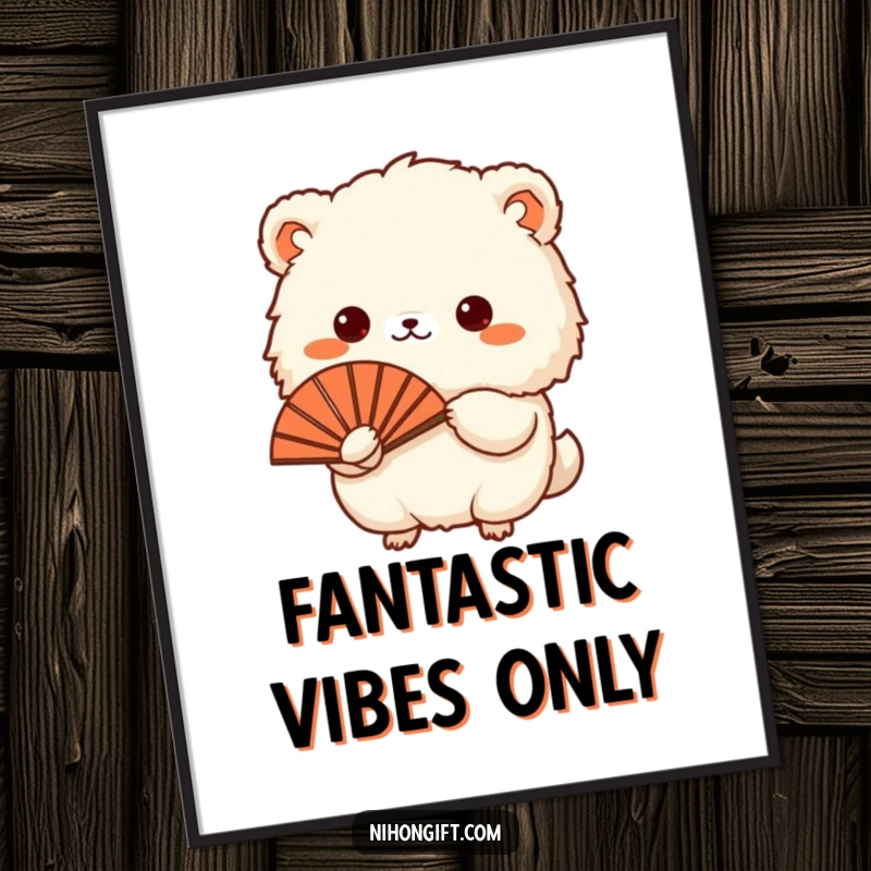 Funny Free Printable Wall Art: Small fluffy animal displays a traditional Japanese fan, adding a comedic cultural touch.