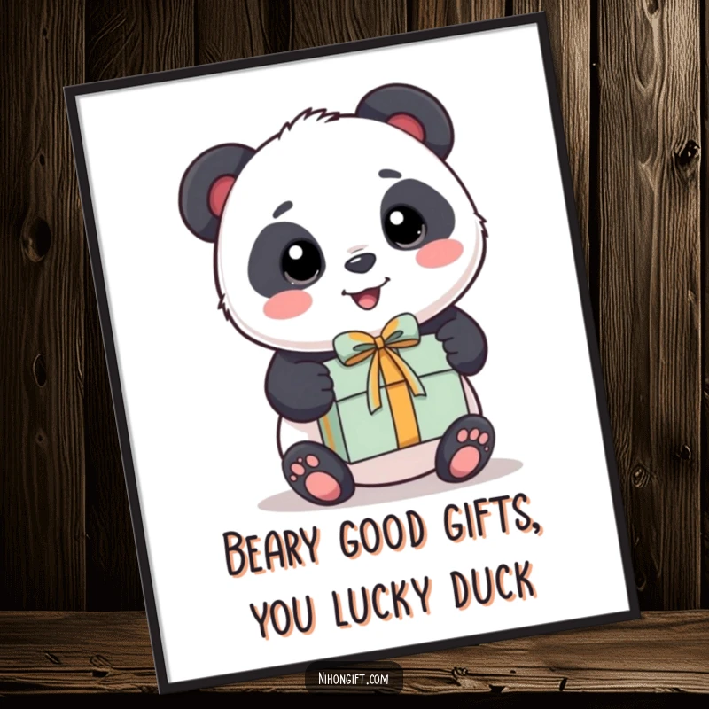 Funny free printable wall art of a kawaii panda happily presenting a beautifully wrapped, small gift box, perfect for any room.