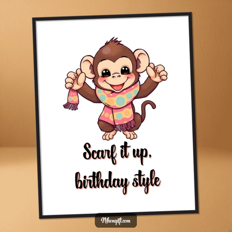 Funny Free Printable Monkey Wall Art: A playful monkey joyfully presents a bright, patterned scarf, adding a touch of quirky charm. Downloadable art.