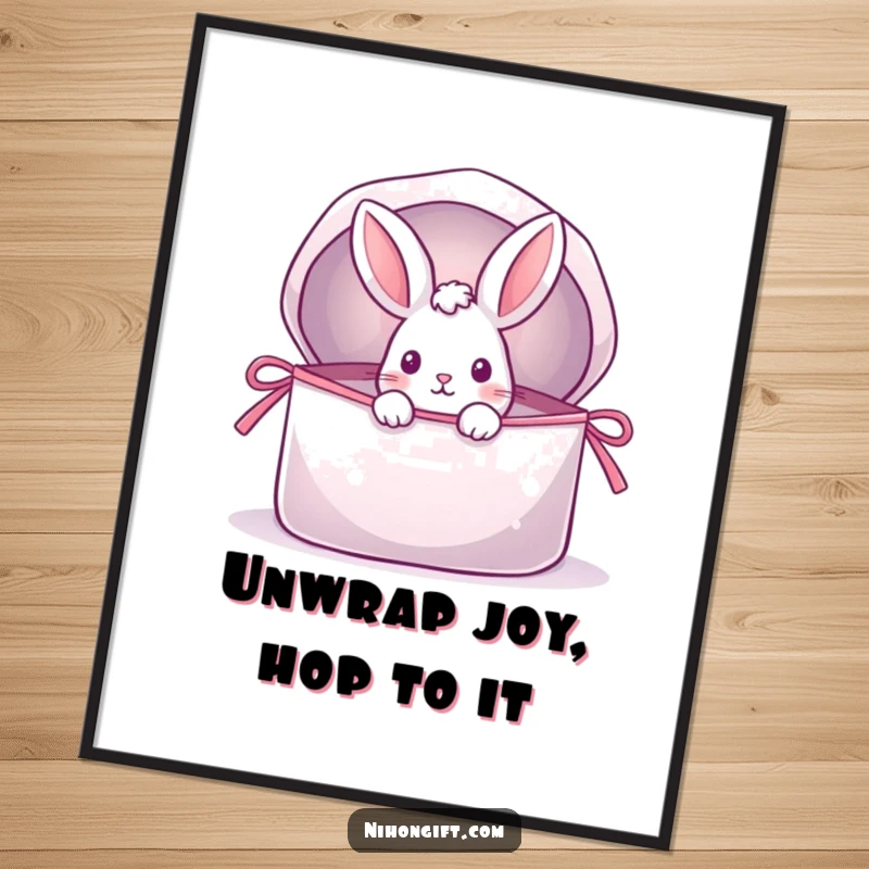 Funny Free Printable Wall Art: A rabbit peeking playfully from a large, shimmering gift bag, creating a sense of joyful surprise.