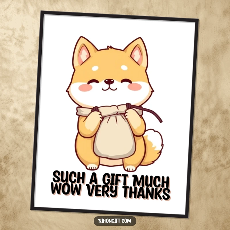 Funny Free Printable Wall Art: A cheerful Shiba Inu proudly holds aloft a delicate, shimmering silk pouch with a happy face.
