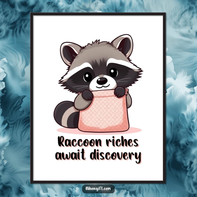 Funny free printable wall art: A curious kawaii raccoon peeking inquisitively into a shimmering gift bag, adding a touch of mystery and humor.