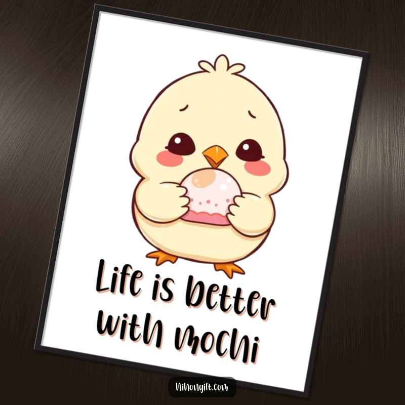 Funny Free Printable Wall Art: A chubby chick with a joyful grin holding a delicious mochi treat.