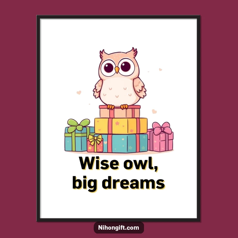 Free Printable Wall Art: Funny Kawaii Owl with Gifts, Cute Downloadable Decor