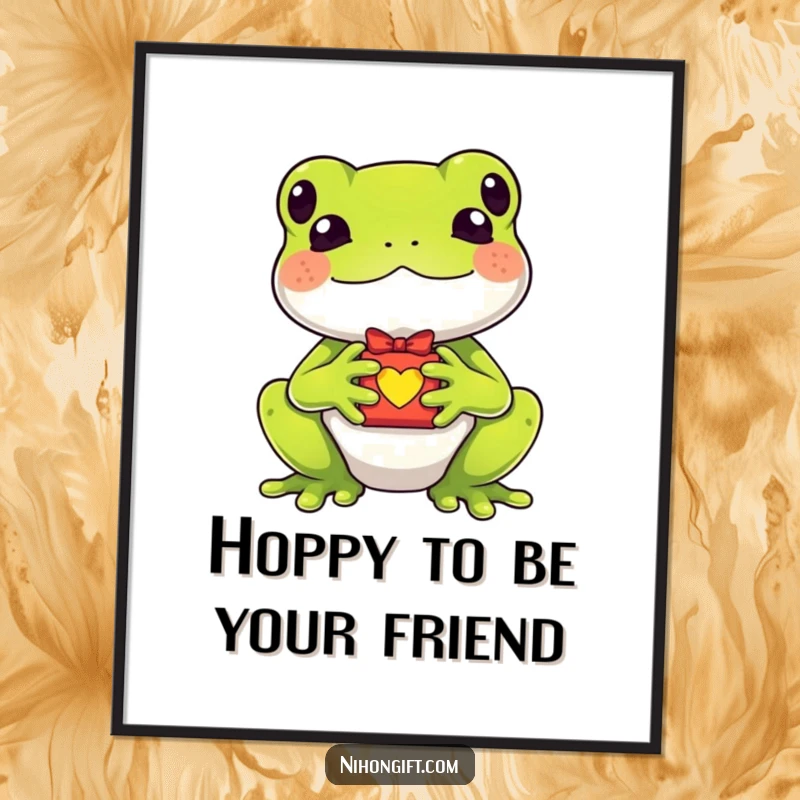 Funny Free Printable Wall Art: A kawaii frog holding a tiny lucky charm gift, radiating positive vibes and charm.