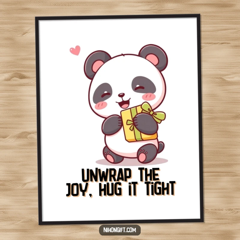 Funny Free Printable Wall Art: A kawaii panda happily holding a wrapped gift with a ribbon, bringing joy to any room.