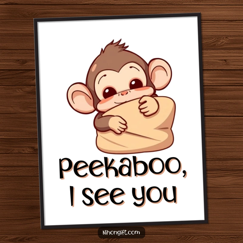 Free Printable Wall Art: A mischievous monkey peeks playfully from behind a wrapped item, adding a touch of fun to decor.