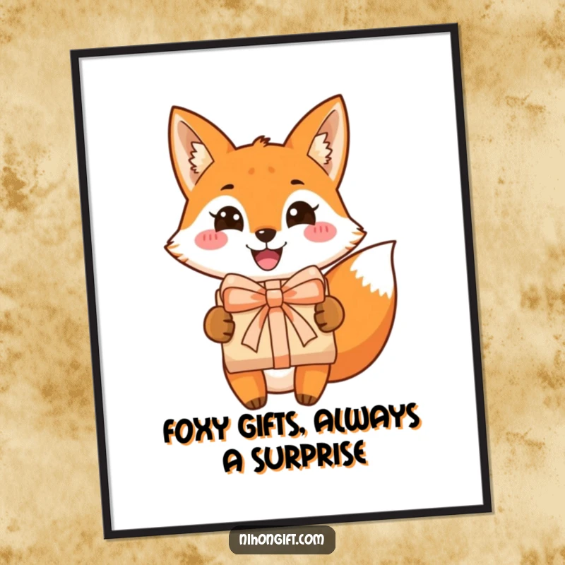 Funny Free Printable Wall Art: A whimsical fox with a cheerful grin presenting a wrapped gift.