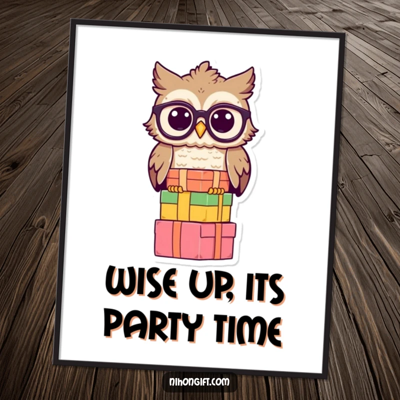 Free Printable Wall Art: A wise owl in spectacles balances a tall stack of gift boxes, adding intellectual whimsy to decor.