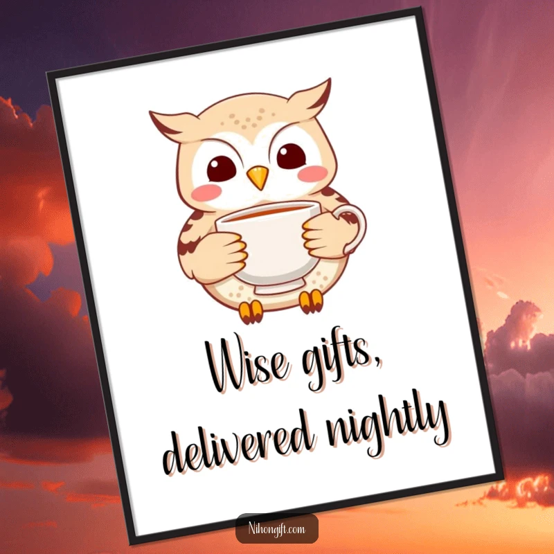 Funny Free Printable Wall Art: A cheerful owl is depicted flying with a precious, delicate ceramic tea cup.