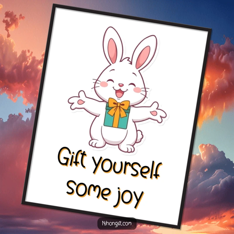 Funny Free Printable Wall Art: A cheerful bunny with a happy expression holds out paws presenting a gift.