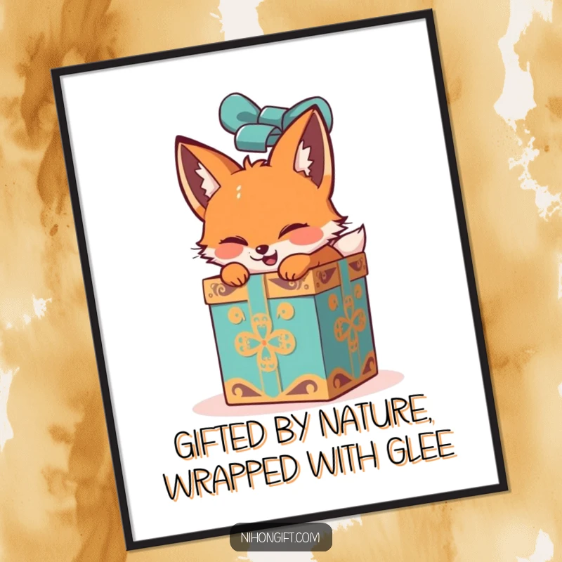Funny Free Printable Wall Art: A small fox in mid-unwrap of a grand gift box, radiating pure, unadulterated joy and excitement.