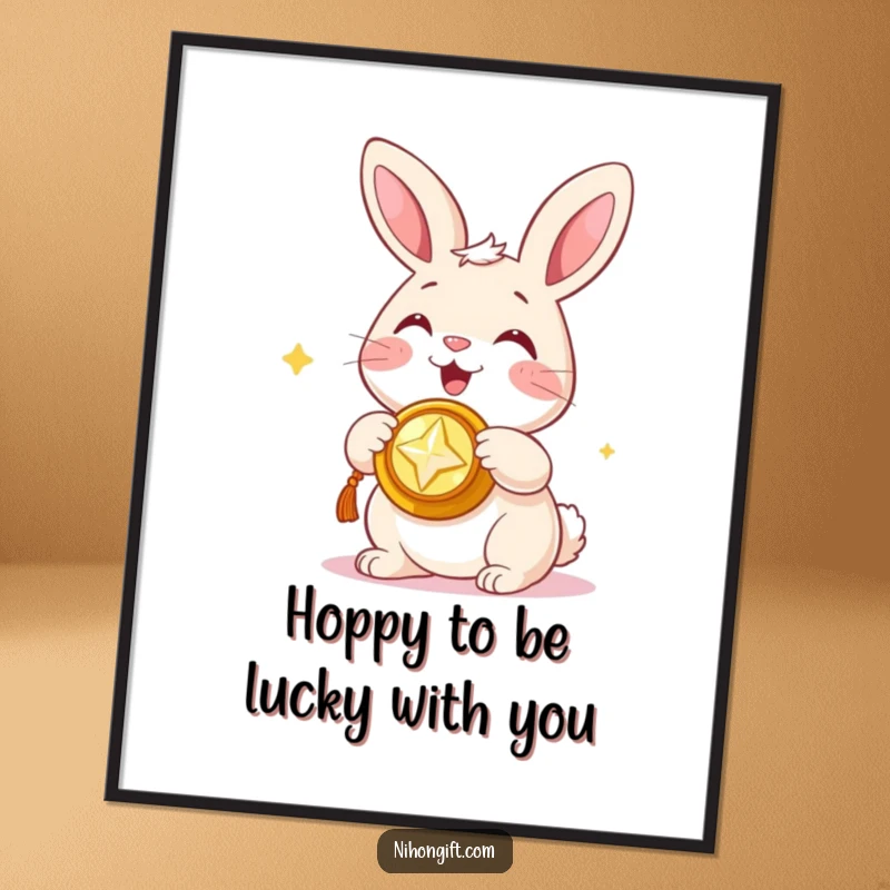 Funny Free Printable Bunny Wall Art: Happy bunny presenting a shiny, auspicious trinket with a smile, adding lucky charm.