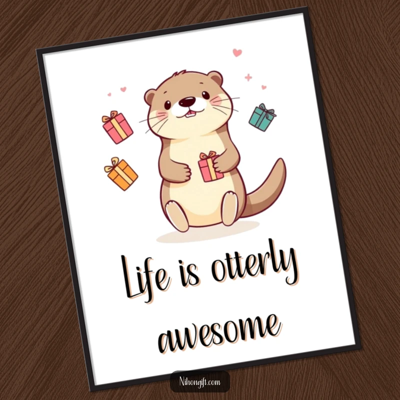 Funny Free Printable Wall Art: Kawaii otter with a cheerful expression juggles many colorful gift boxes.