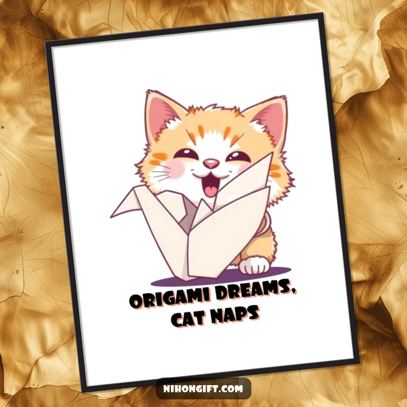 Funny Free Printable Cat Wall Art: An ecstatic cat peeks from behind a beautiful origami crane, adding a touch of playful charm.