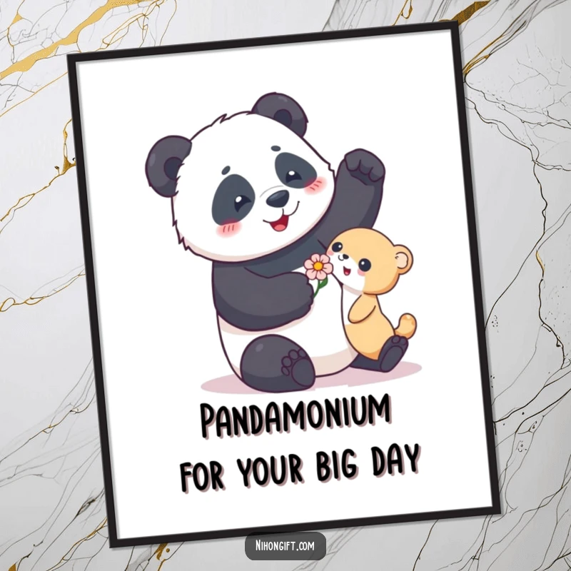 Funny Free Printable Panda Wall Art: Playful panda enthusiastically gifting a delicate flower to a small animal, cute decor.