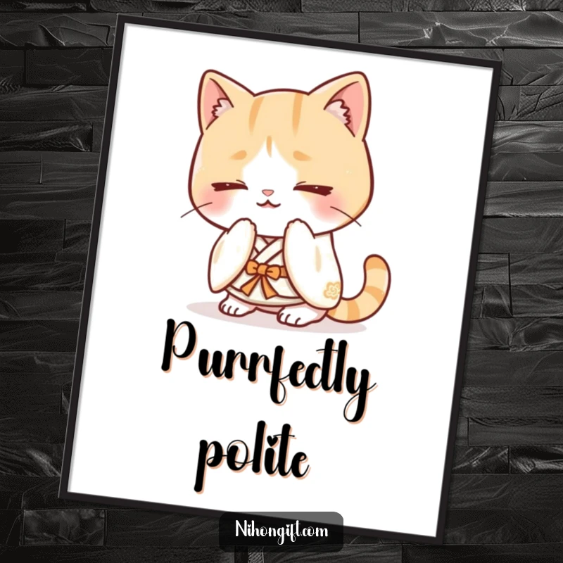 Funny Free Printable Wall Art: A kawaii cat dressed in a small kimono performs a graceful, happy bow, adding elegant decor.