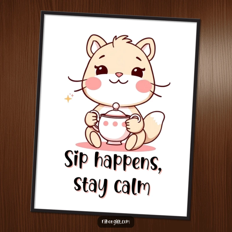 Funny Free Printable Wall Art: Animal gracefully presents a delicate tea set, inviting smiles and conversation.