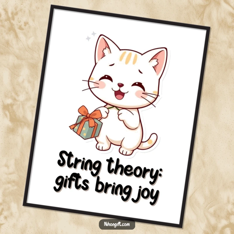 Funny Free Printable Wall Art: A smiling cat happily plays with a piece of string dangling from a beautifully wrapped gift.