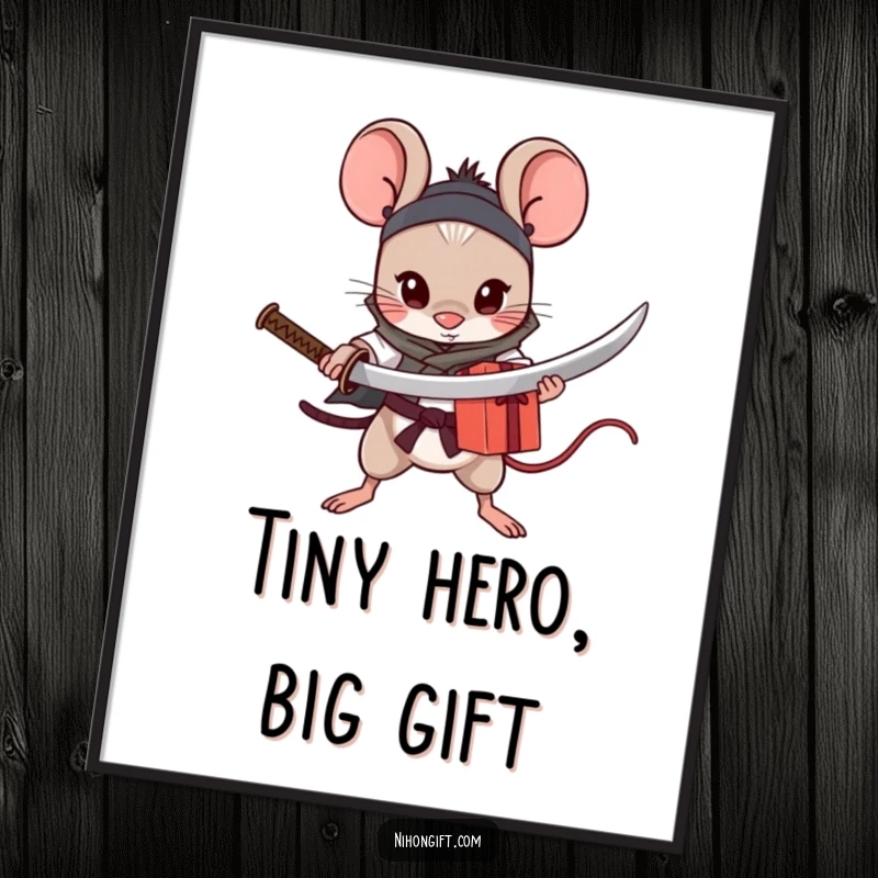 Funny Free Printable Wall Art: A fearless mouse grips a tiny katana, vigilantly guarding a beautifully wrapped gift.
