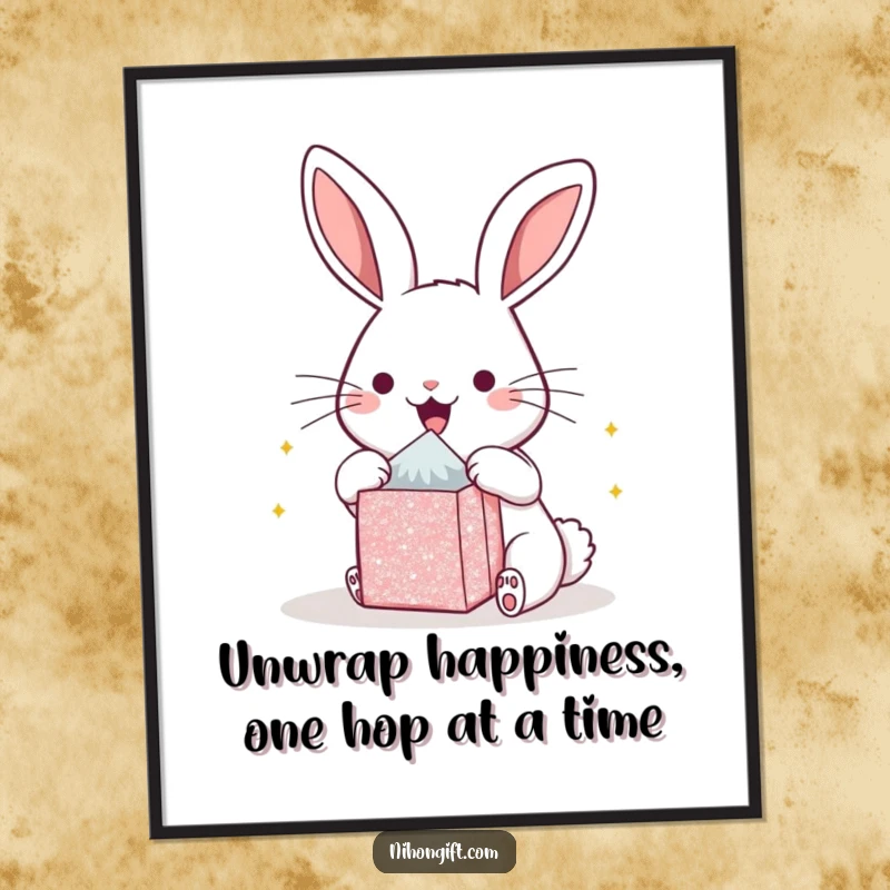Funny Free Printable Wall Art: A wide-eyed kawaii bunny excitedly opens a tiny, sparkling gift with pure delight.